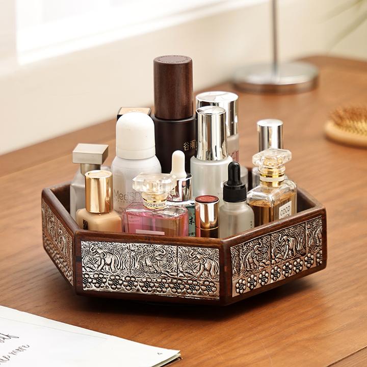 【高端实木】异丽旋转复古化妆品收纳托盘玄关厨房客厅多功能桌置物