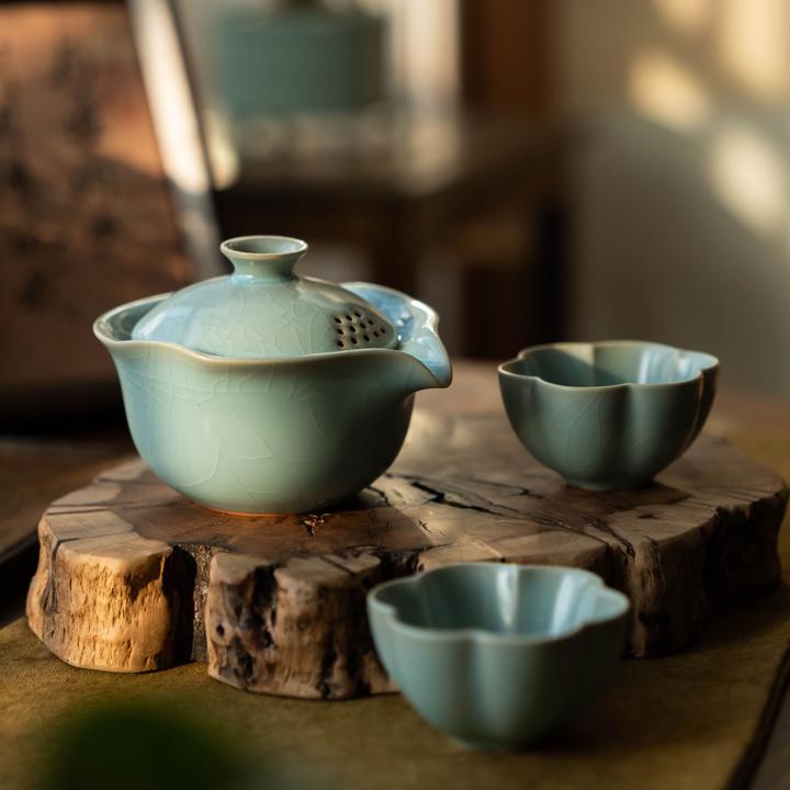 简匠汝窑当代快客套组宝瓶手抓壶旅行茶具一壶两杯便携式茶具