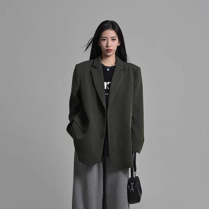 2025秋冬新款复古高级感灰绿色小西服廓形宽松休闲气质西装外套女