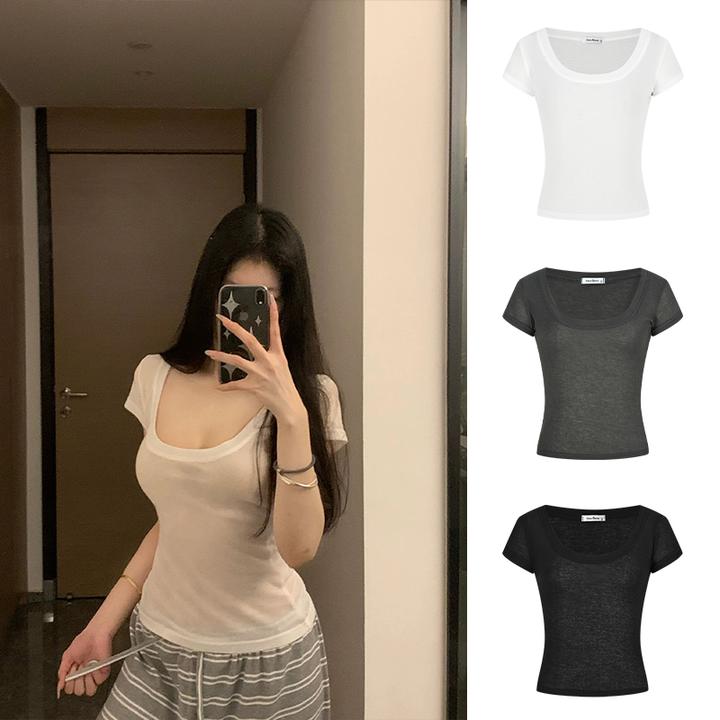 Moses Queen/魔西女王法式纯欲凉感短袖T恤女夏气质修身显瘦上衣