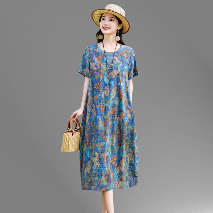 高端棉麻碎花连衣裙女2025夏新款中年妈妈宽松大码遮肚休闲直筒裙