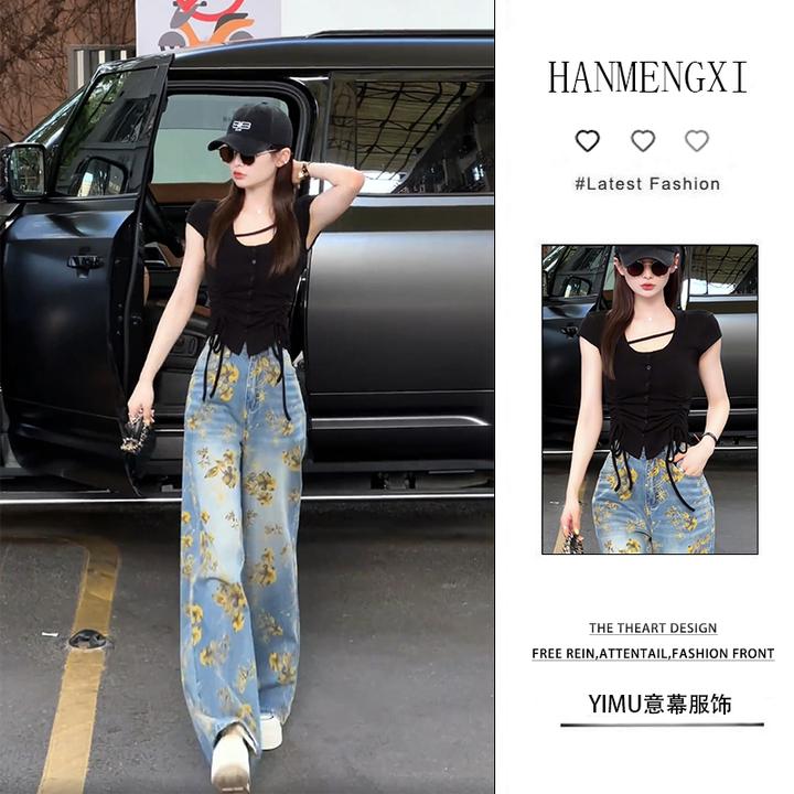 夏季一整套女装2025年新款韩版减龄短袖上衣花朵阔腿牛仔裤两件套