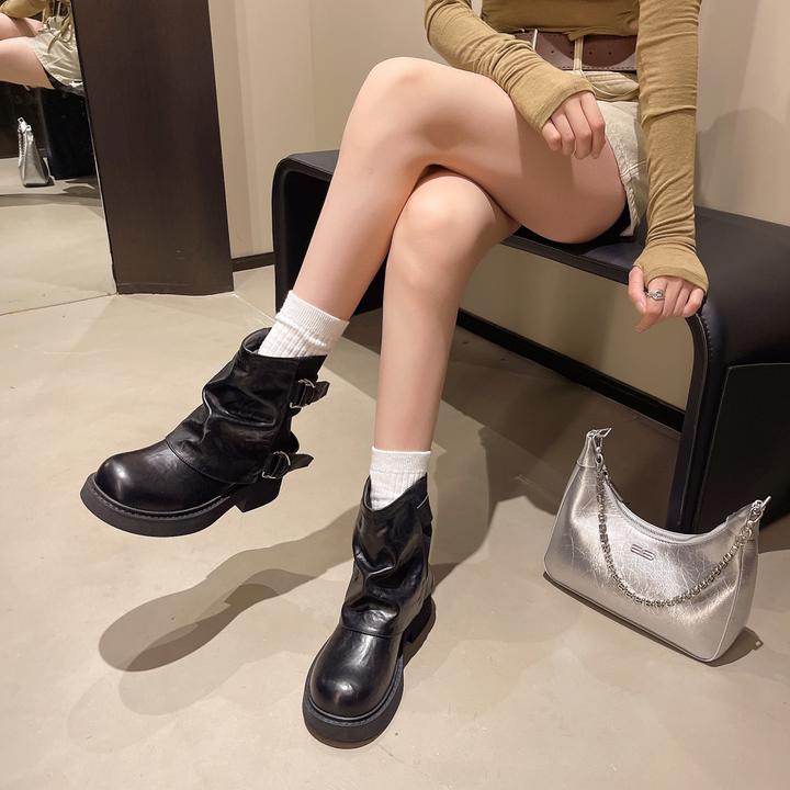 短靴女秋冬新款美拉德显瘦百搭堆堆靴搭扣西部牛仔靴复古短筒靴子