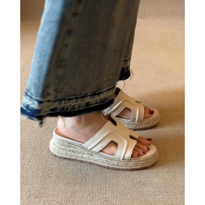 羊皮版！明星同款~一字拖凉拖鞋女夏外穿草编松糕鞋厚底高跟凉鞋