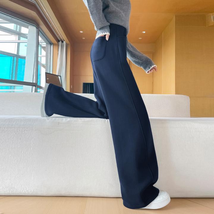 藏青色加绒加厚毛呢阔腿裤女冬季2025新款高腰垂感休闲直筒弯刀裤