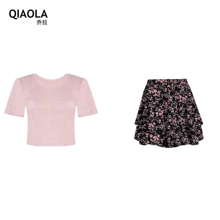 QIAOLA/乔拉【少女专辑】夏款小众设计针织圆领T碎花时尚套装预售