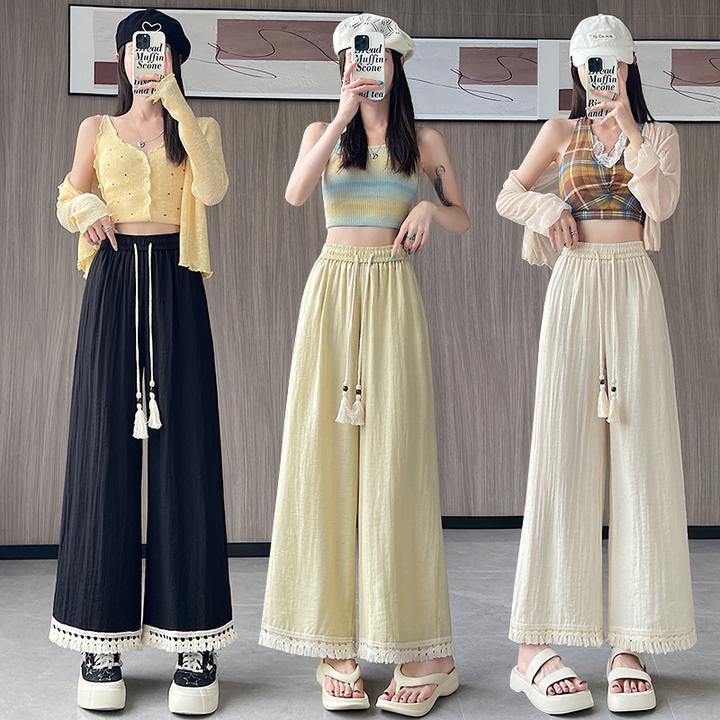冰丝亚麻波西米亚阔腿裤女夏季薄款小个子流苏窄版直筒九分休闲裤