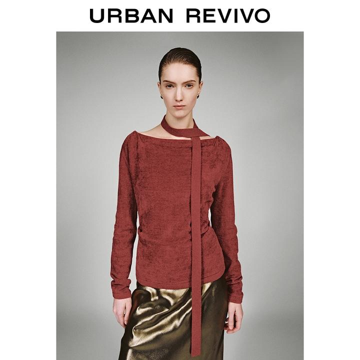 UR2026春新款女回归乡野复古红色绑带一字领褶皱针织衫UWU950065