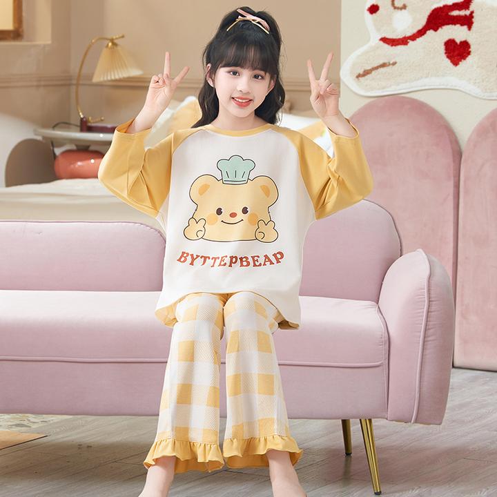 儿童春秋新款长袖纯棉睡衣女孩中大童洋气套装女童可爱家居服外穿