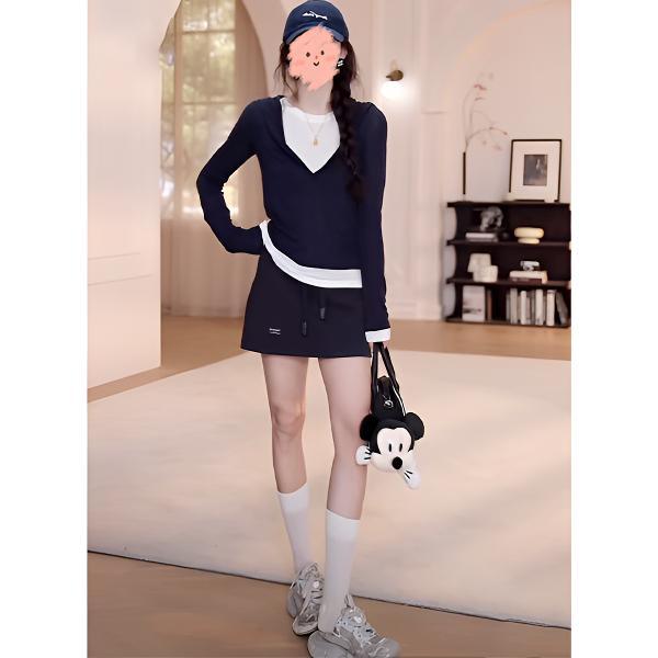 2025早春时尚新款假两件帽衫长袖T恤+字母抽绳休闲半身裙卫裙套装