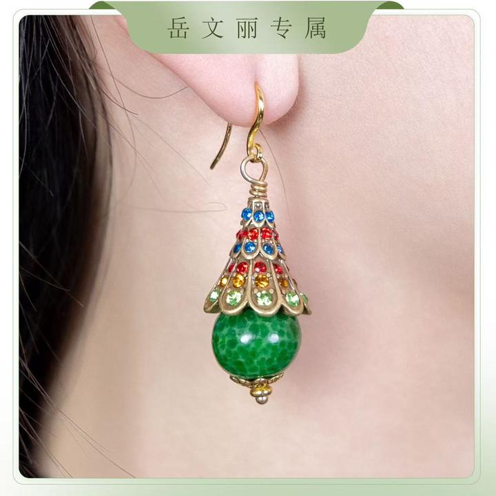 琉璃耳坠镀金粉蛙皮绿蛙皮手工古法民族风国风时尚