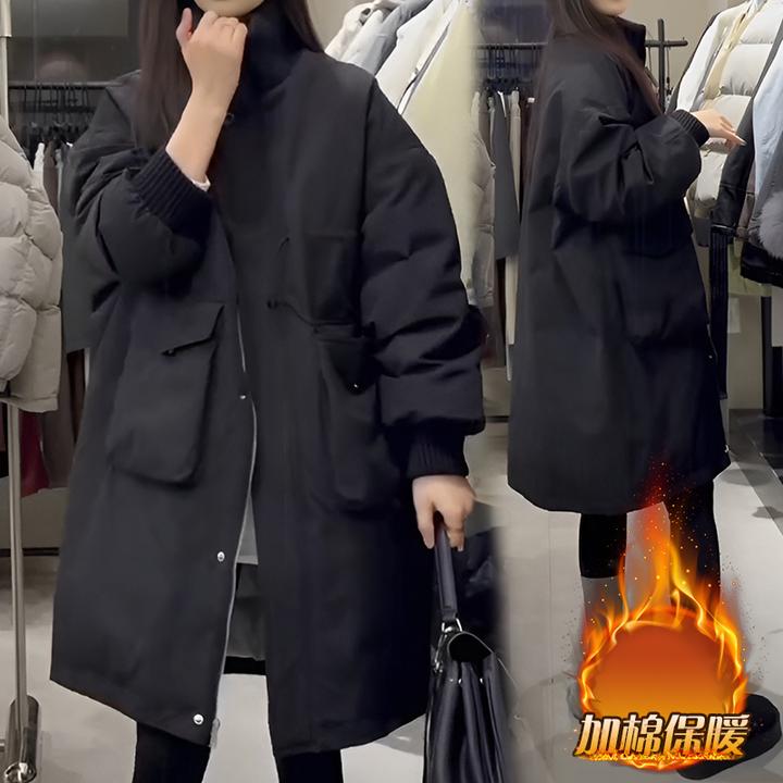 欧洲站2025秋冬季时尚立领高腰拉链中长款大口袋加棉棉衣棉服外套