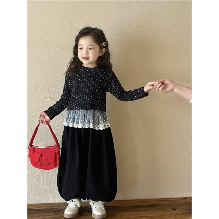 韩版常规春秋女打底套装千金风上衣公主裙长袖波点蕾丝女童秋季