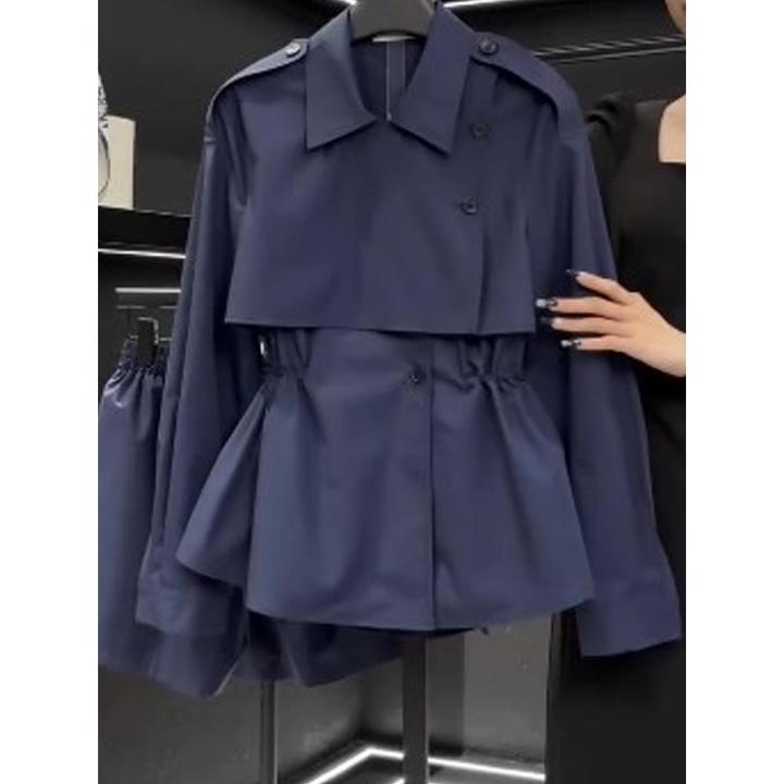 2025年早秋新款大码微胖独特超好看小个子洋气藏蓝色风衣外套女装