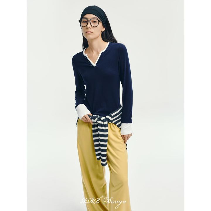 RRB Design「新浪漫」针织修身显瘦百搭长袖V领假两件上衣