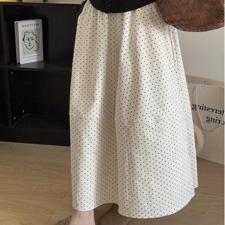 藏青色波点半身裙女2025新款遮胯显瘦气质百搭高腰休闲半身裙子