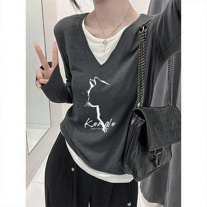 设计感V领假两件正肩长袖t恤女休闲时尚打底衫早秋新款炭灰色上衣