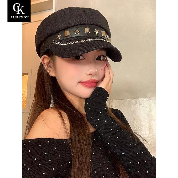 Canary Kiss日系复古铆钉平顶海军帽女y2k甜酷辣妹画家帽蓓蕾帽子