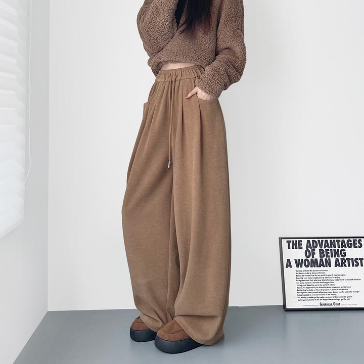 卡其色冬季氛围感仿羊绒山本裤女大码慵懒软糯显瘦遮肉加绒阔腿裤