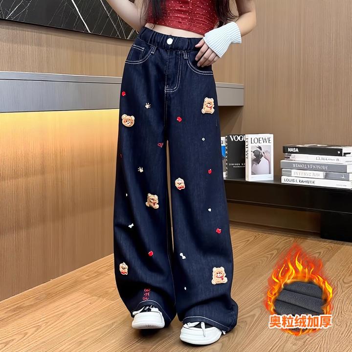 女童加绒牛仔裤秋冬季2025新款儿童大童宽松阔腿裤女孩直筒裤子潮