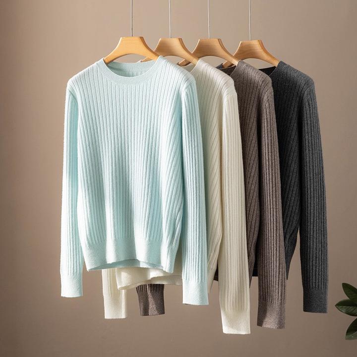 流光细语毛衣女慵懒风悦己爆款纯羊绒圆领全身宽竖坑条4色羊绒衫