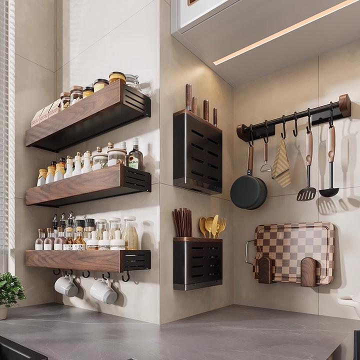 胡桃木厨房置物架壁挂刀架调味料用品免打孔锅盖架多功能收纳架子