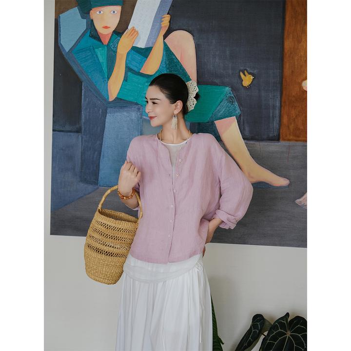 麻霖自然主义21支汉麻亚麻双色色织水洗圆领九分袖休闲文艺小开衫