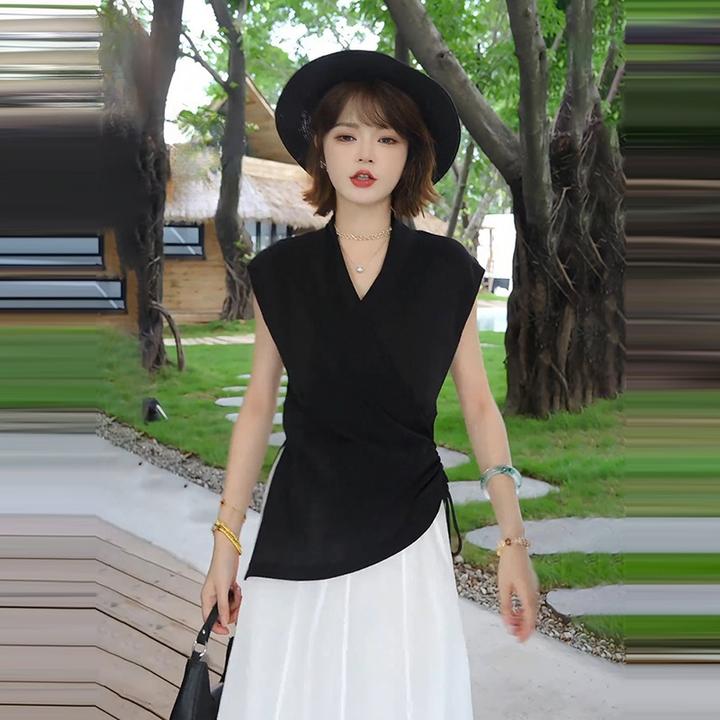 法式收腰显瘦无袖衬衫女夏季新款设计感抽褶系带V领小衫气质上衣