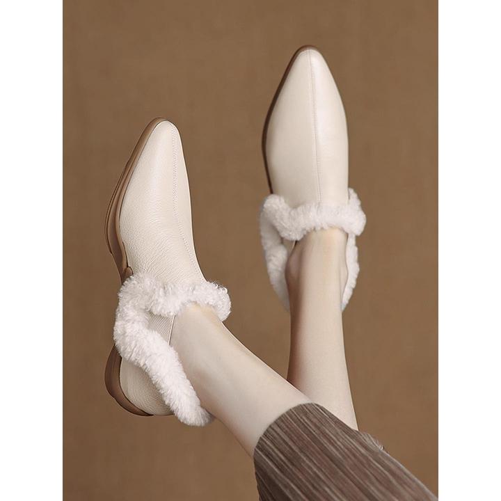 法式尖头毛毛鞋女秋冬真皮加绒小皮鞋保暖深口单鞋踝靴