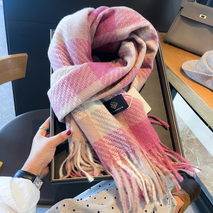 YOU'RESLIM粉色格子羊绒围巾女2025冬款双面百搭学生披肩保暖围脖