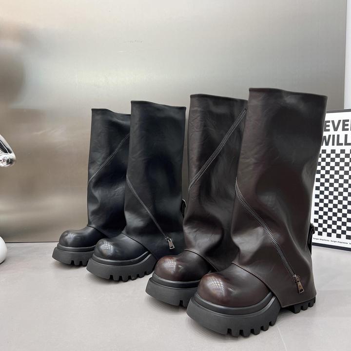 不过膝裤管靴女2025新款厚底松糕套筒马丁靴个性长靴高筒靴堆堆靴