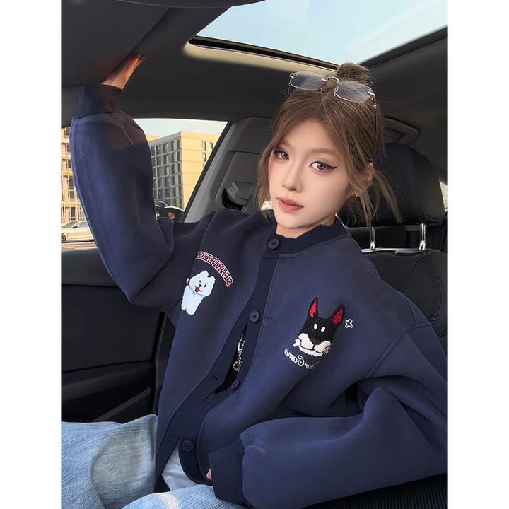 美式趣味小狗毛巾绣慵懒卫衣开衫男女秋设计感情侣外套宽松棒球服