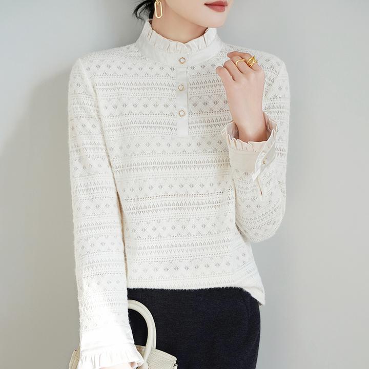 爆款蕾丝镂空上衣气质通勤木耳领长袖时尚百搭轻奢立领镂空打底衫