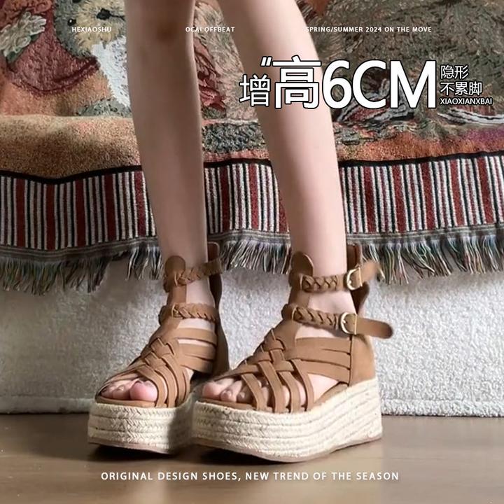 复古厚底法式草编正品罗马凉鞋女2025年夏季新款露趾防水台松糕鞋