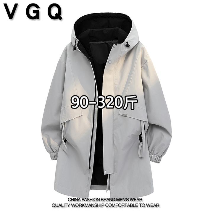 VGQ春秋季男士中长款夹克加肥加大码潮流帅气百搭连帽外套上衣服