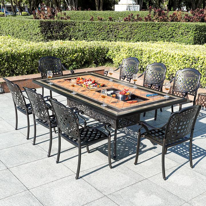 户外铸铝烧烤桌椅组合庭院家用室外双炉花园别墅餐桌防水防晒桌椅