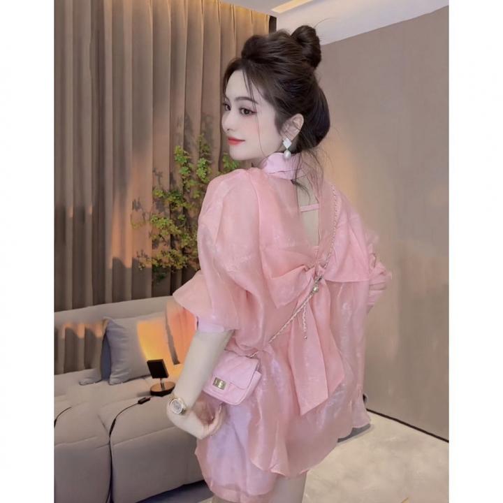 2025单/套装夏季新款设计感洋气蝴蝶结薄款防晒衬衫短裤两件套潮