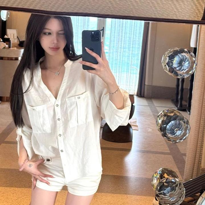 春夏季白色仿棉麻衬衫白色衬衫女夏季仿麻清透休闲宽松防晒上衣
