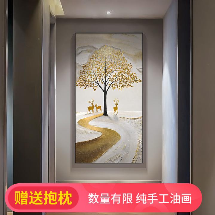 金鹿送财轻奢纯手绘玄关过道油画发财树装饰画大芬村油画竖版挂画