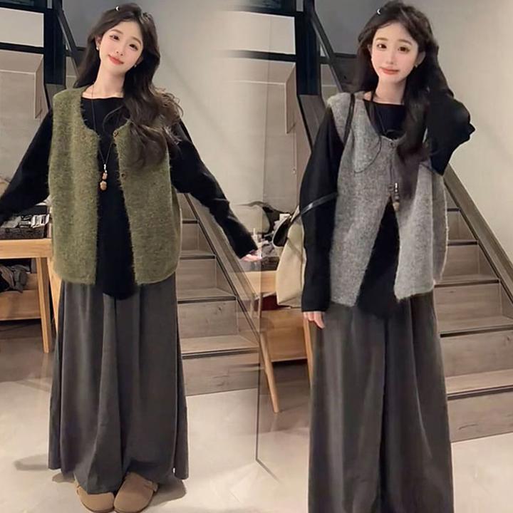 2025新款孕妇装春秋装时尚大码宽松打底上衣马甲两件套阔腿裤套装