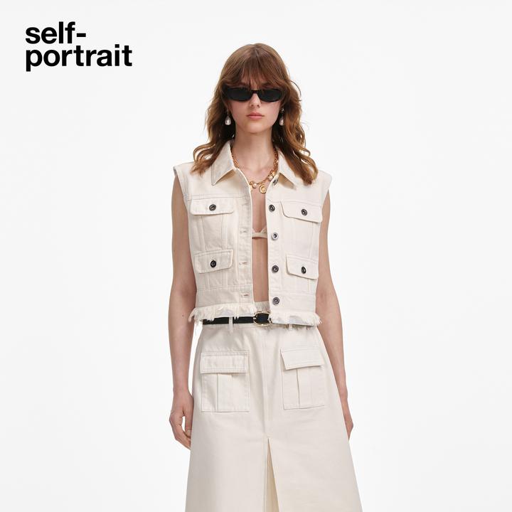 self-portrait 25秋新款流光风白工装风休闲无袖牛仔背心马甲