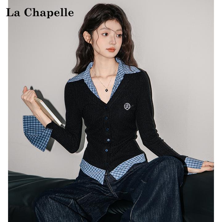 拉夏贝尔V领格子拼接假两件长袖T恤2025秋冬新款学院风韩系上衣