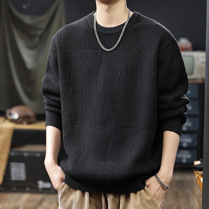 重磅肌理感提花厚款圆领毛衣男2025秋冬新款美式复古保暖针织毛衫