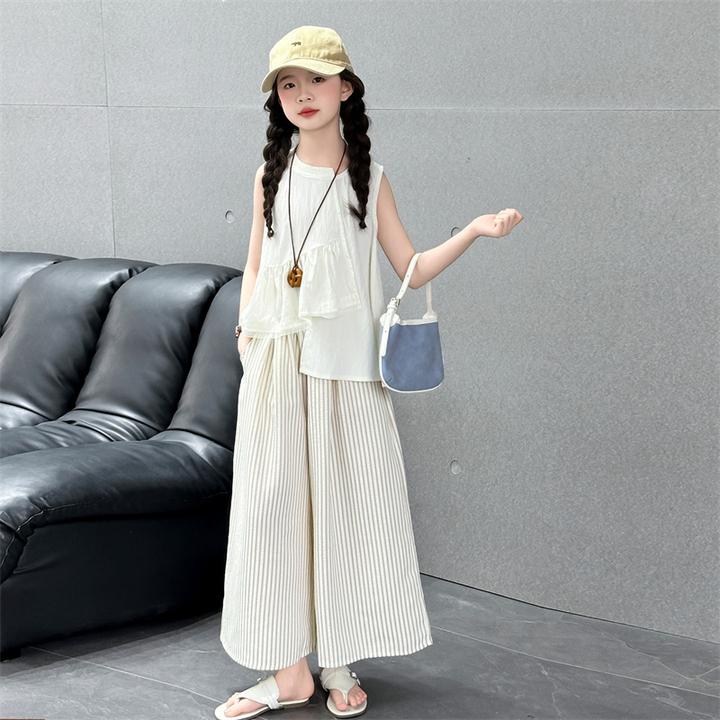 女童夏季套装2025新款6-12岁中大童女孩洋气显瘦条纹阔腿裤两件套