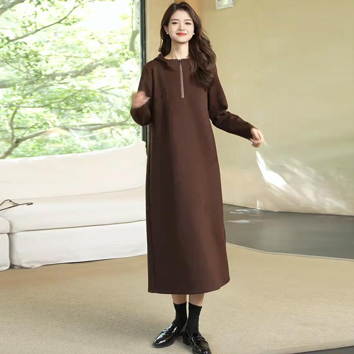 咖色韩版连帽连衣裙女2025秋季新款气质显瘦直筒裙卫衣长裙休闲裙