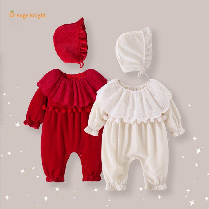 新生女婴荷叶领毛球加绒厚款秋冬装女宝宝保暖哈衣爬服可爱外出服