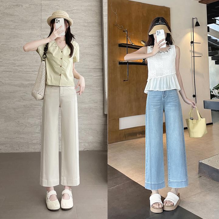 夏季新款米白莱赛尔微弹力INS风牛仔裤时尚百搭高腰显瘦直筒裤
