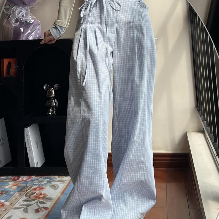 175高个子加长蓝色格子休闲裤女2025新款慵懒百搭宽松阔腿拖地裤