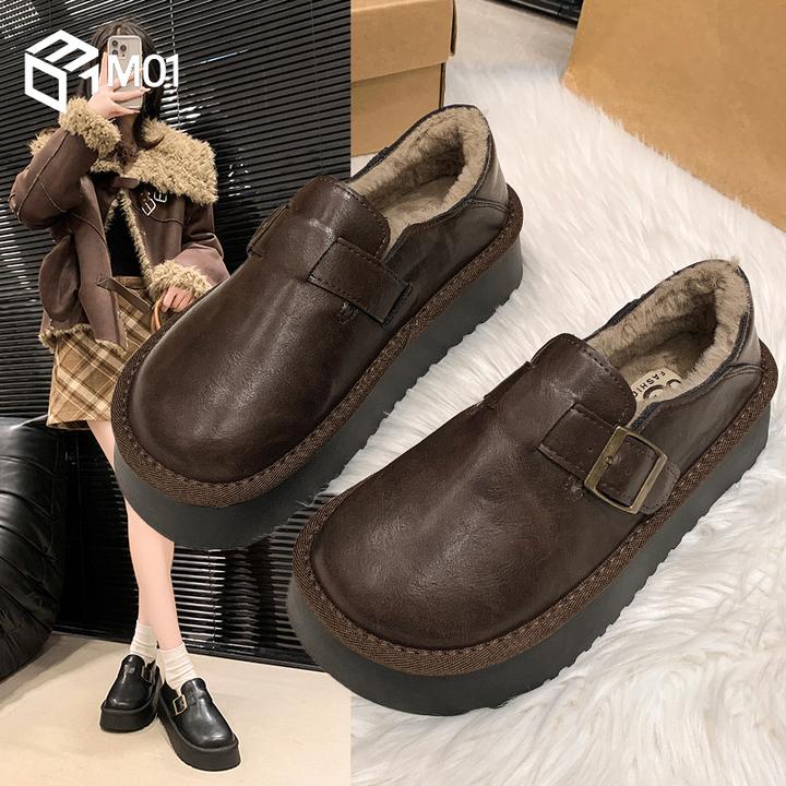 M01毛毛鞋女外穿新款秋冬季厚底勃肯鞋一脚蹬加绒保暖雪地靴棉鞋