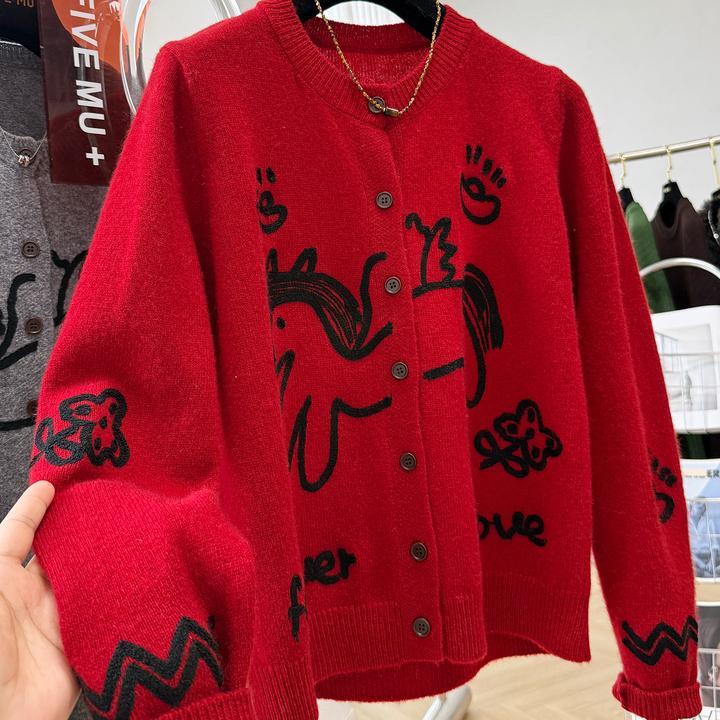 韩系穿搭纯羊毛卡通刺绣圆领针织开衫女秋冬叠穿可内搭单穿毛衣